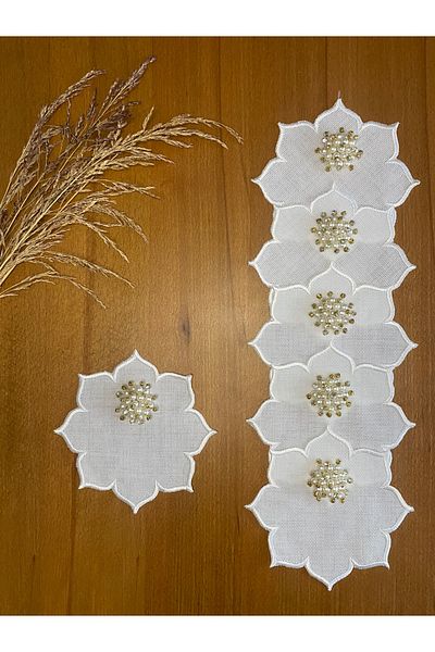 Smiling Home 6 Pieces Linen Linen Ecru Color Gold Pearl Star Patterned Cocktail Presentation Napkin