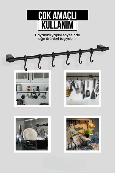 KARTEYA Multi-Purpose Wall Rail 6 Pieces Coffee Cup Hanger with Hooks Black 56 cm