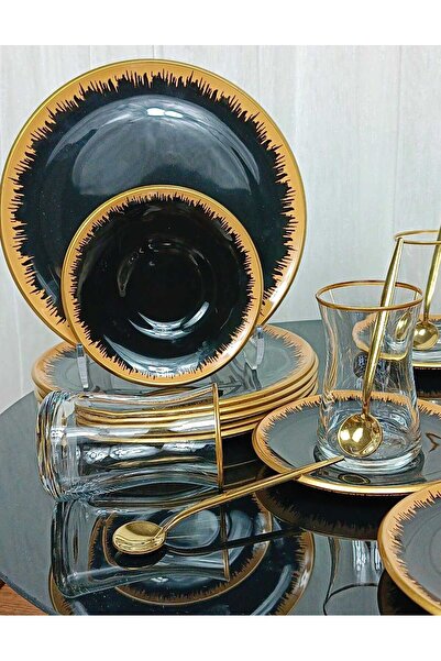 Elta Collection 6 Kişilik 24 Parça Pinkmore Siyah-Gold Pasta Çay Saati Seti