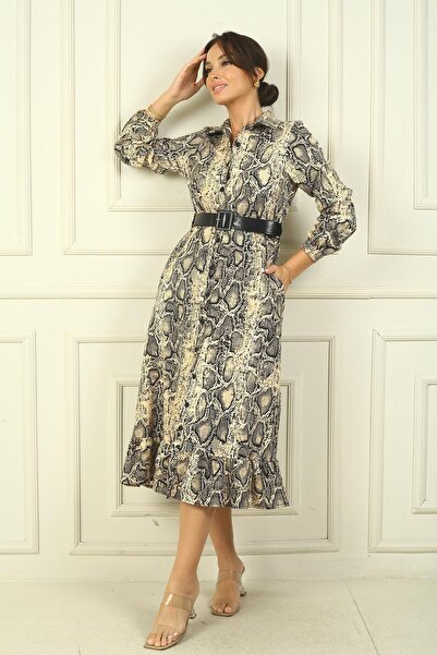 By Saygı Rochie de damă cu guler cămașă cu mânecă lungă, cu nasturi în față, cu imprimeu șarpe, cu curea