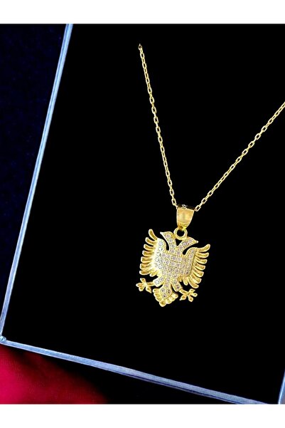 Alaja Silver Taşlı Çift Başlı Kartal, Arnavutluk Sembolü Gold Tasarım 925 Ayar Gümüş Kolye
