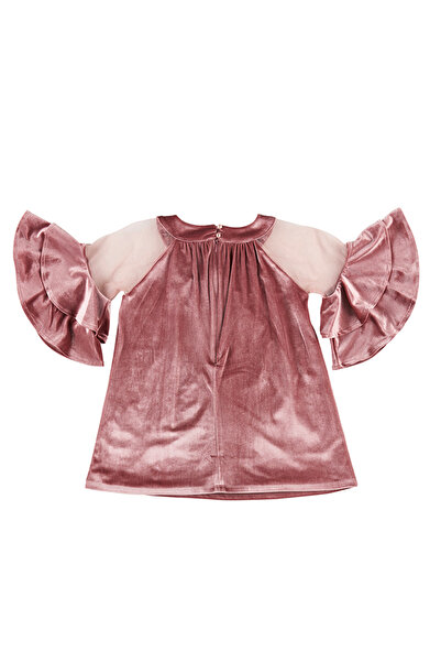 Panço Kız Çocuk Volan Detaylı Pembe Kadife Abiye Elbise