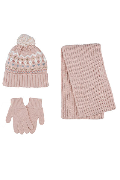 Panço Kız Çocuk Pembe Atkı Bere Set
