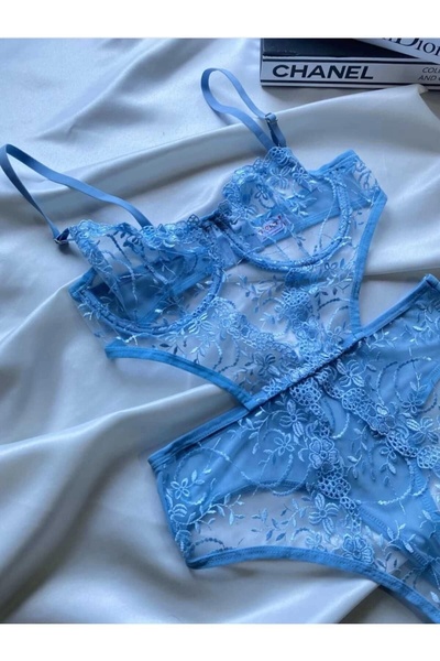 ARONA Mavi Çiçek Desenli Dantelli Fantazi Bodysuit Balenli