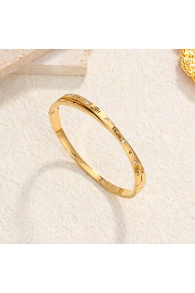 RENGARENG Gold Roma Rakamlı Taşlı Çapraz Çelik Kelepçe Arkadaşa Sevgiliye Hediye