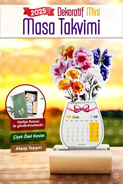 t tuğset etiket 2025 Ahşap Ayaklı Çiçekli Tasarım Mini Özel Masa Takvimi, 2025  Çiçek Takvim  Özel Kesim Hediye-T110