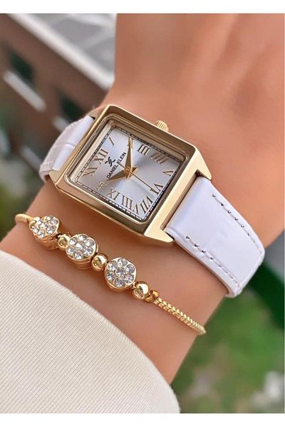 Daniel Klein Mrd11406 White Color Square Case Leather Cord Women's Wristwatch with Bracelet Gift