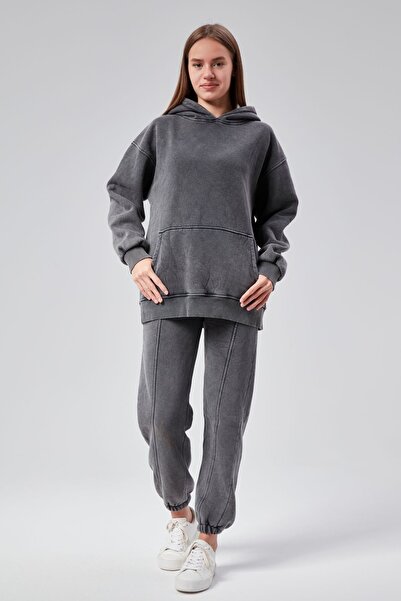 soBasic Set de trening cu glugă antracit cu trei fire - buzunar cangur și detaliu de spălat