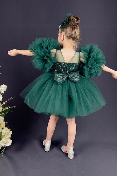 ABİYEKİDS Green Sequin Sleeve Detailed Pompom Style Children's Dress Aby458