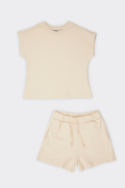 Panço Kız Çocuk Özel Dokulu Kumaşlı Bej Şortlu Takım