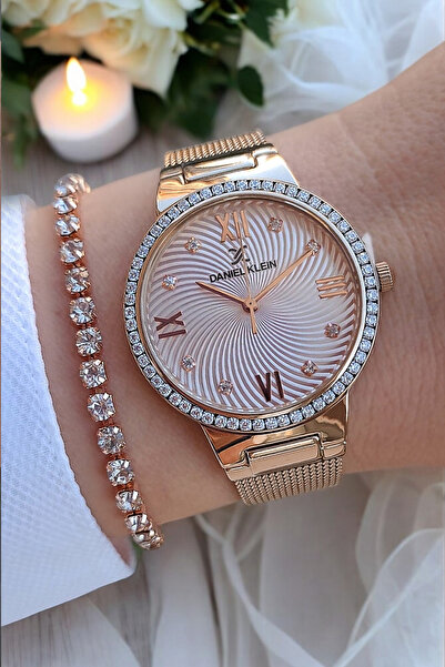 Daniel Klein Rose Kadranlı, Taşlı, Rose Gold Kadın Kol Saati + Zirkon Taşlı Bileklik Hediyeli