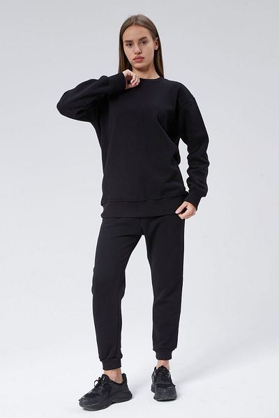 soBasic Crew Neck Three Thread Raised Tracksuit Set - Black