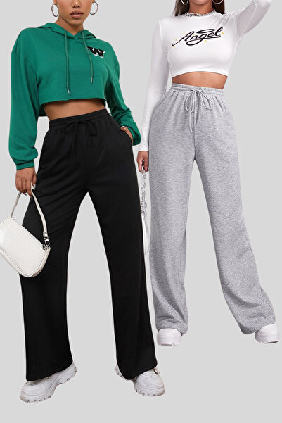 RABTEKS 2-Piece Black-Grey Elastic Waist Loose Wide Leg Sweatpants