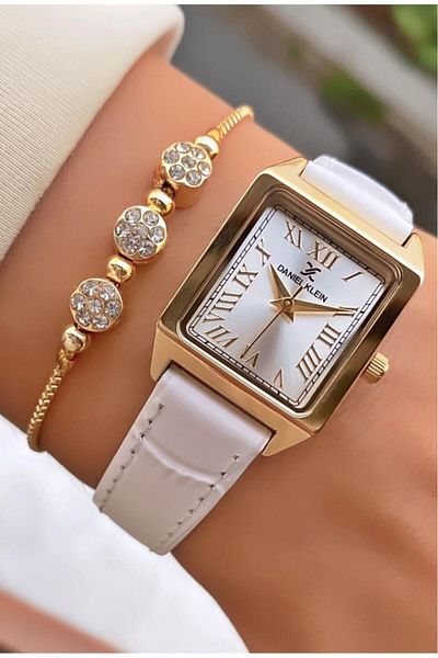Daniel Klein Mrd11406 White Color Square Case Leather Cord Women's Wristwatch with Bracelet Gift