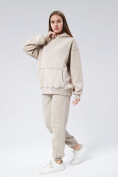 soBasic Ecru Hooded Three Thread Washed Kangaroo Tracksuit Set