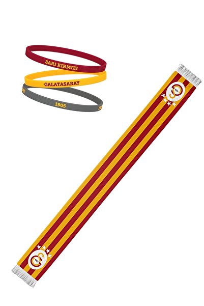 Galatasaray Lisanslı Sarı Kırmızı Çizgili Atkı Ve 3`lü Bileklik