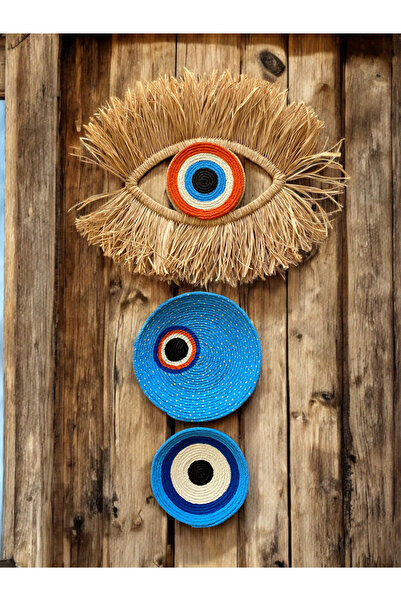 Evil Eye Bead Handmade Wicker Wall Plate Set