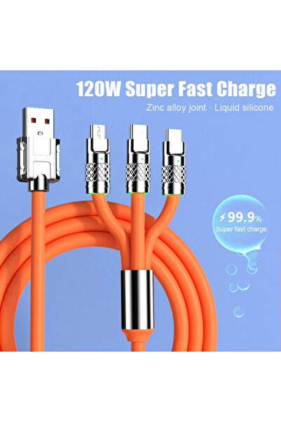 TEKNO Led Işıklı 120W 6A Type-c,İOS,Android  Üç Başlıklı Her Telefona Uyan Turbo Hızlı Şarj Kablosu