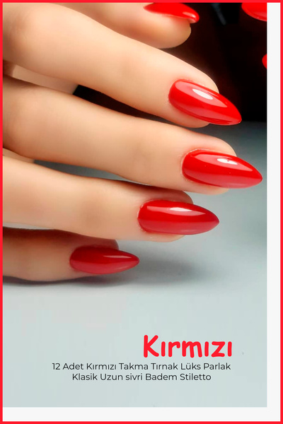 Nera Classy 12 Adet Kırmızı Takma Tırnak Parlak Klasik Uzun Sivri Badem