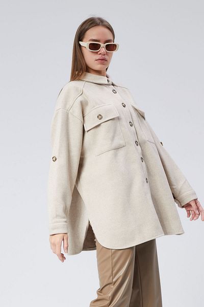 soBasic Shirt Collar Pocket Bowl Dakota Shirt Jacket-M - Ecru