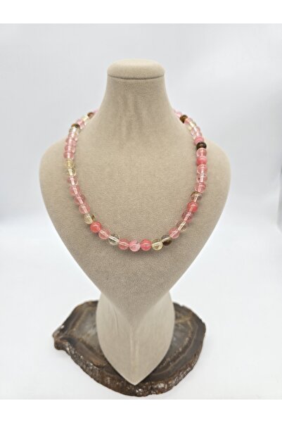 NBS Beautiful Naturel Stones Gül Kuvars Gerçek Doğal Taş Kolye  AA Kalite 8 mm