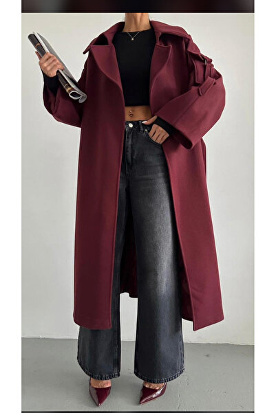 BERİ BUTİK معطف نسائي ذو أكمام وجيب وحزام باللون العنابي