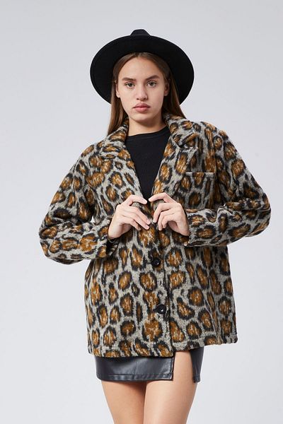 soBasic Leopard Patterned Pocket Detail Oversize Blazer Jacket-Std - Brown