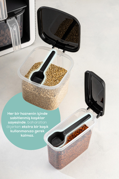 Vienev Beyaz Serigrafi Etiketli 9'lu Standlı Kendinden Yapışkanlı Kaşıklı Baharatlık Seti Siyah