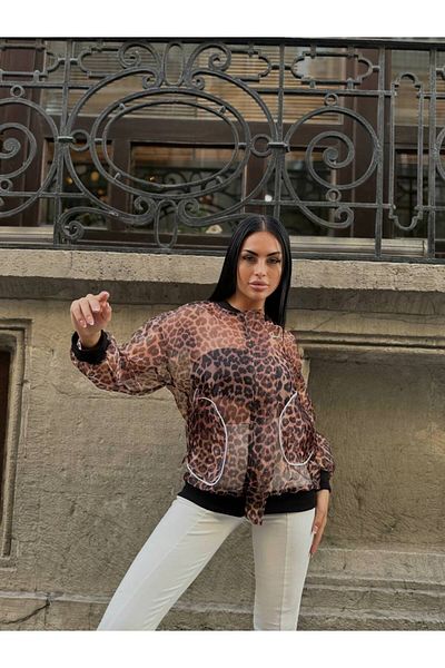 aytenli Fermoar în față, organza, buzunar cu clapetă, mânecă cu rever, partea inferioară, top din șifon leopard cu manșetă neagră