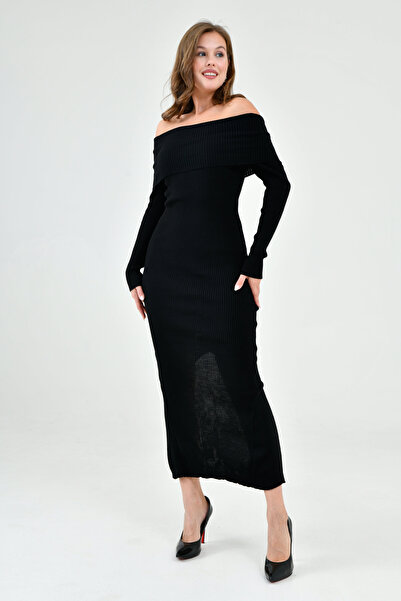 WOMAN VISION Дамска черна трикотажна рокля с дълги ръкави и дълги ръкави с дъ...