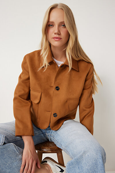 Lovelyİstanbul سترة من جلد الغزال بجيوب واسعة TABA LFK0002