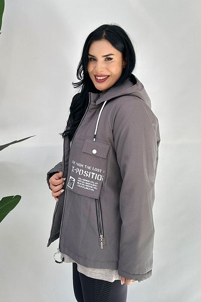 GÖKSEL Gray Large Size Coat - Text Detailed