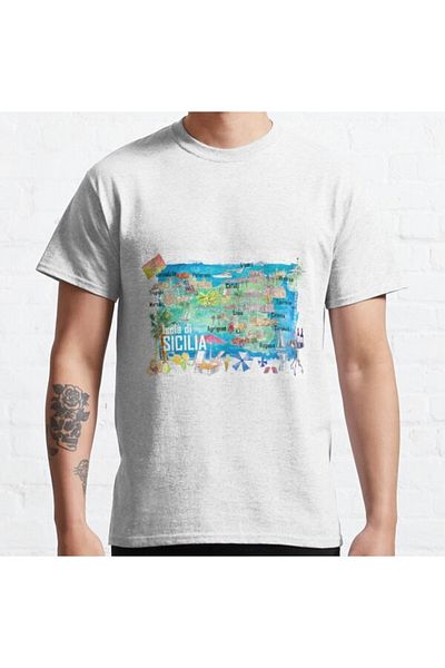 ZOKAWEAR Loose Fit Unisex Sicilia Italia Hartă De Călătorie Ilustrată Cu Drumuri și Tricou Imprimat cu Design Turistic