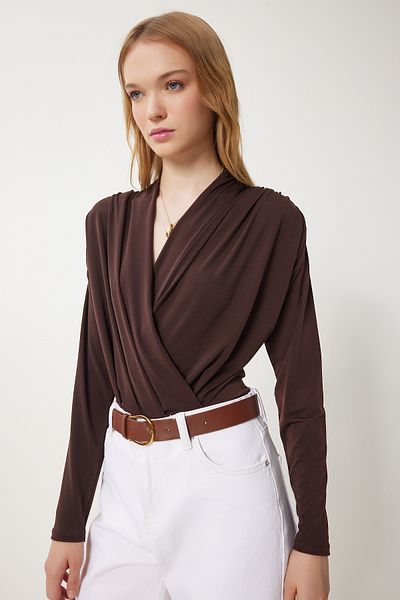 Lovelyİstanbul Wrap Collar Padded Snap Sandy Blouse Brown Lzh0007