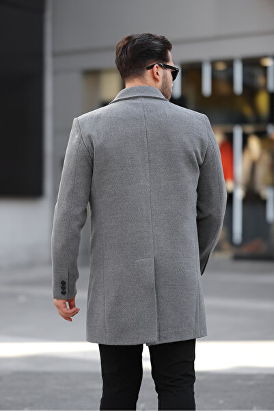 Jaglion Men's Relaxed Fit Windproof Buttoned Long Gray Stamp Coat