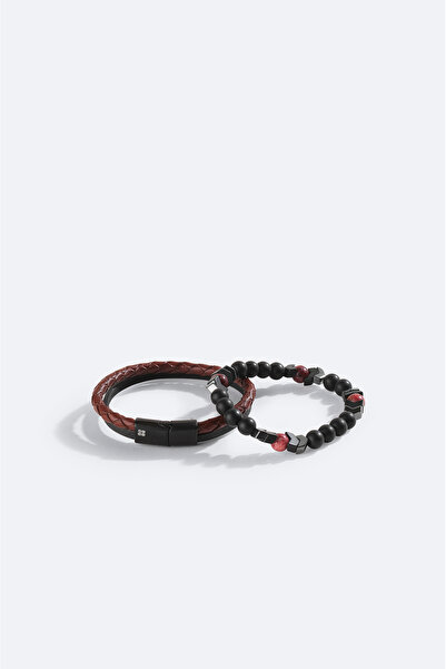 Avva Men's Burgundy Leather Ceyt and Hematite Stone Bracelet A42Y9622