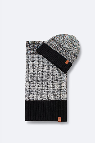 Avva Men's Black Color Block Ribbed Knitwear Scarf Beanie Set A42Y9221