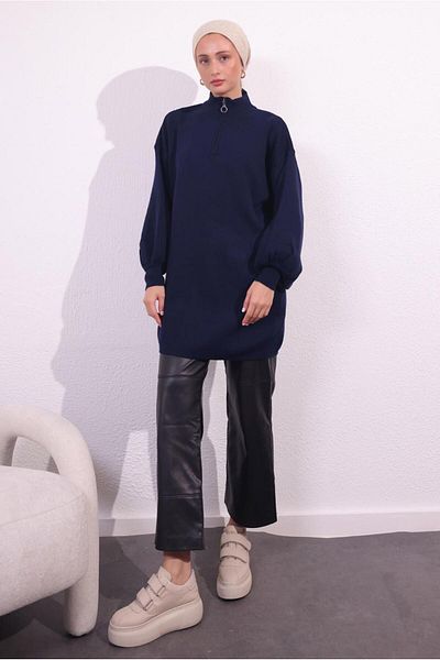 TRENDTESETTÜR Navy Blue Zippered Women's Knitwear Sweater - t 8609