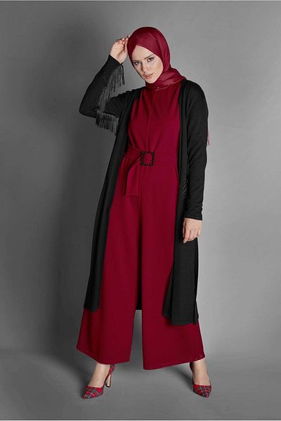 Alvina 40216 Model Pearl Belt and Zipper Jumpsuit