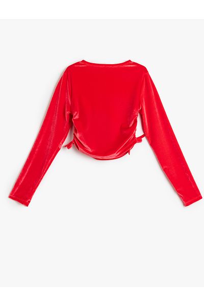 Koton Gathered Long Sleeve Crew Neck Velvet Blouse