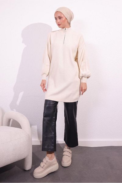TRENDTESETTÜR Women's Ecru Zippered Knitwear Sweater t 8609