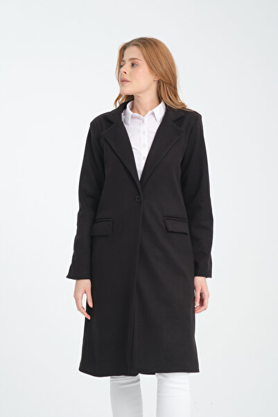 ZERTEX Μαύρο μακρύ γυναικείο παλτό με κασμίρ - με επένδυση ώμου, φόδρα και λεπτομέρεια τσέπης Filota