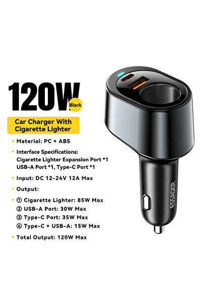 essager شاحن سيارة أسود بقوة 120 واط، مزود بمنفذ USB-C و85 واط، يدعم الشحن السريع.