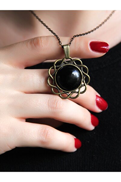 esha Natural Stone Onyx Natural Stone Women's Antique Model Necklace with 40c...