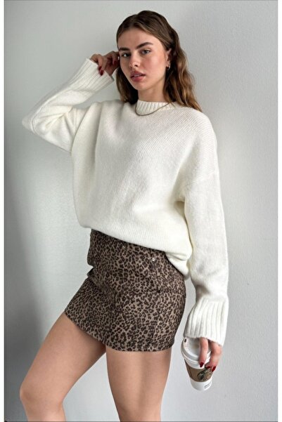 fujya Pulover de damă cu decolteu supradimensionat din tricotaj ecru