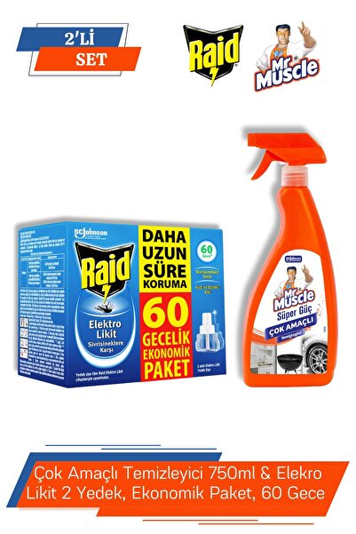 Raid Mr.Muscle Çok Amaçlı Temizleyici 750ml & Elekro Likit 2 Yedek, Ekonomik Paket, 60 Gece