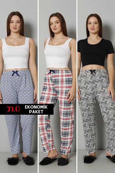 DONEX 3 bucăți din bumbac, țesătură subțire, respirabilă, panglică, detaliu în talie, imprimat, fără buzunar, pantaloni de pijama pentru femei