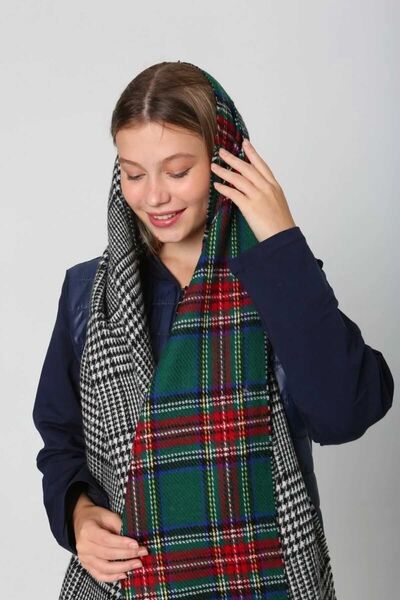 REMSA Green Plaid Patterned Double Sided Shoulder Shawl - 70X185 cm Scarf