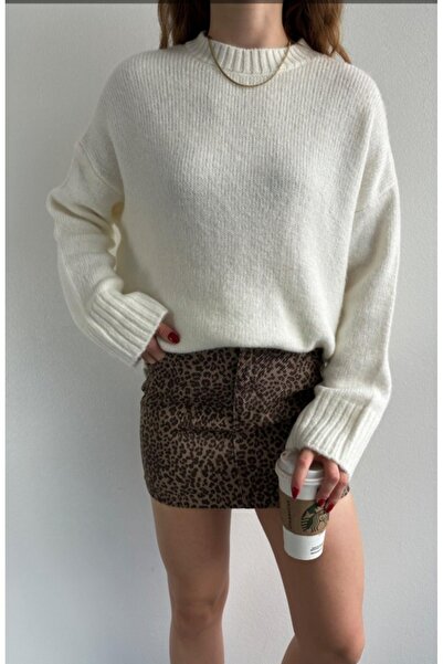 fujya Pulover de damă cu decolteu supradimensionat din tricotaj ecru