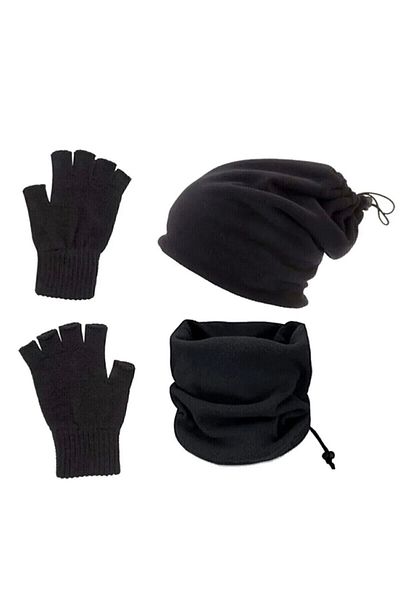 Eke Tekstil Set of 3 Cold-Proof Thermal Fleece Neck Collar Beret and Knitted Cut-Off Gloves Black